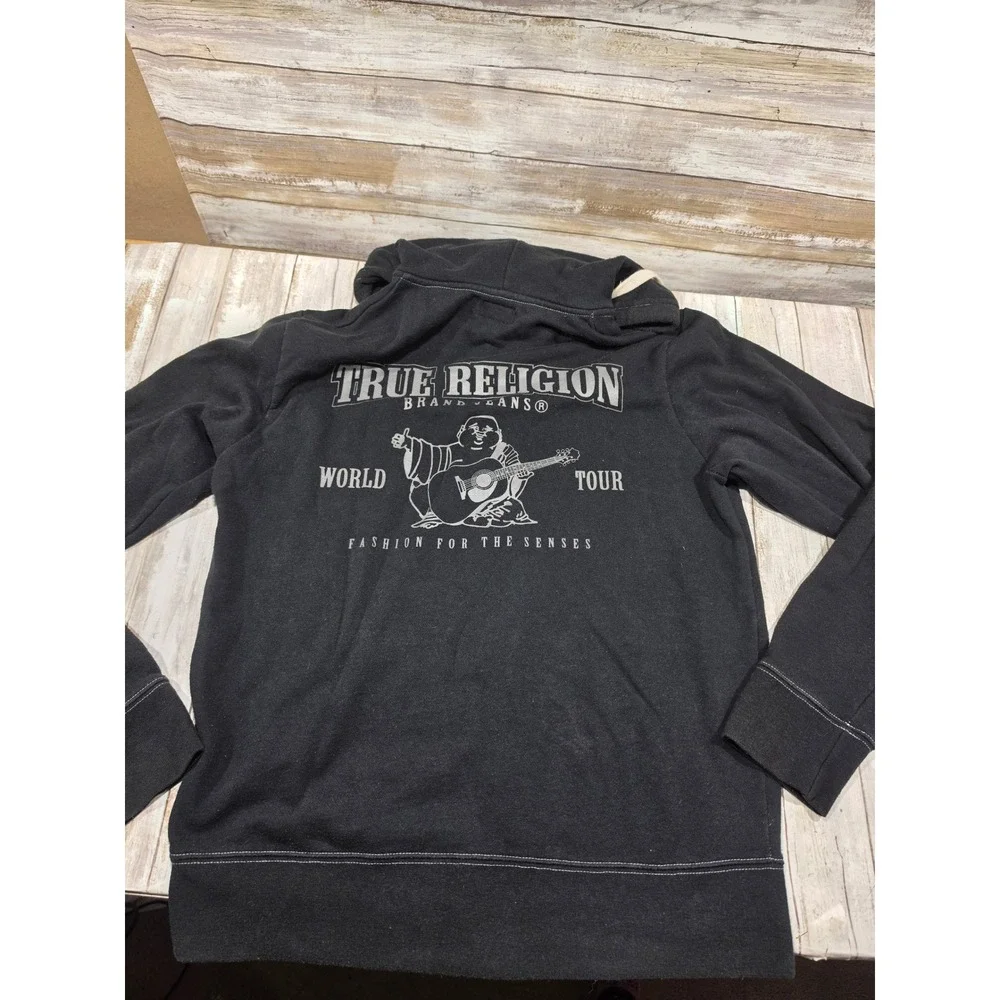 True Religion Mens Black World Tour Buddha Zip Up Hoodie Small Contrast Stitch S